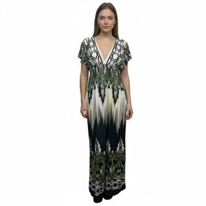 Delusional Maxi Dress Women‎ Large Green Black Ikat Damask V-Neck Flutter Sleeve